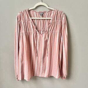 Falls Creek Top Women's 1X Ticking Stripes Dusty Pink White Coastal Cottage
